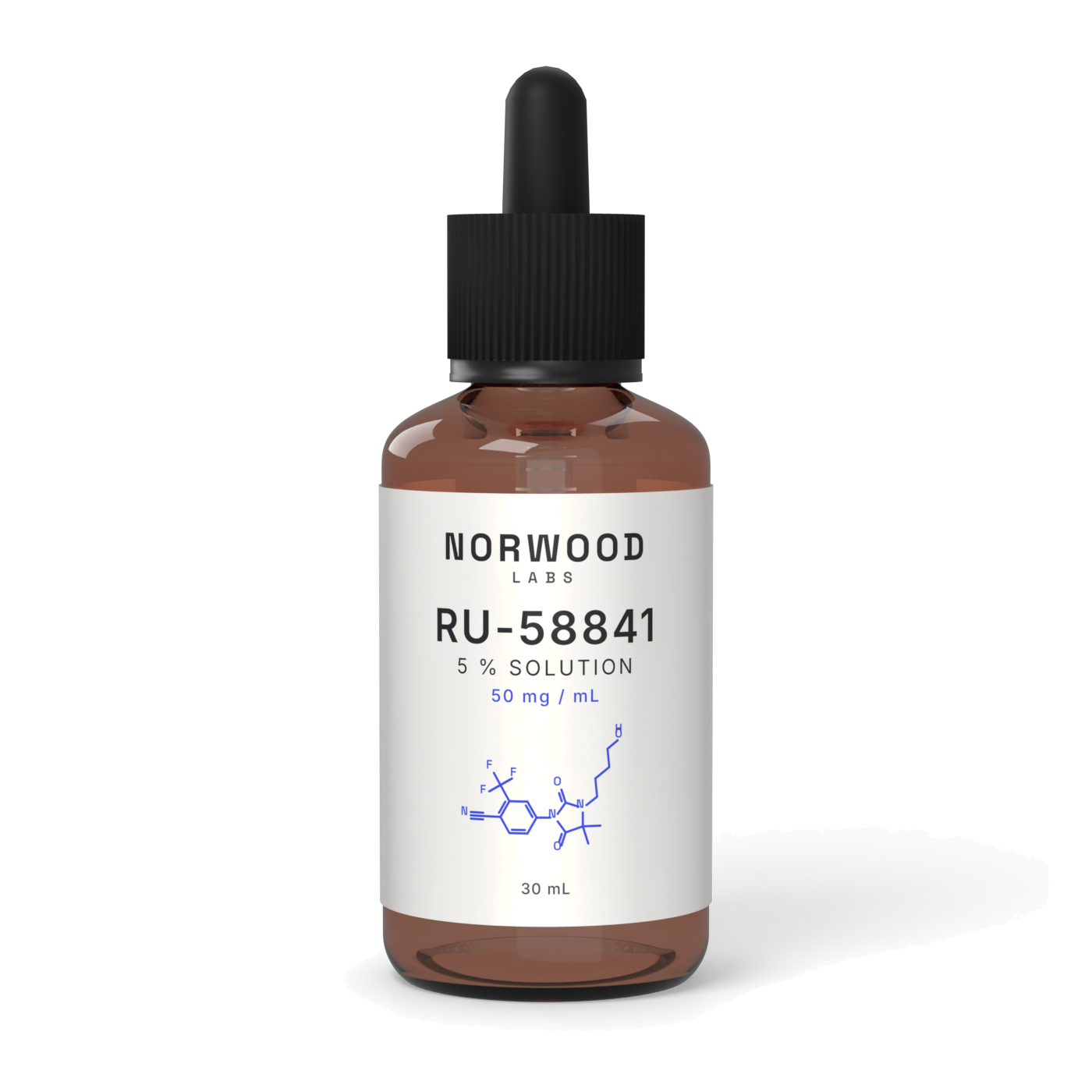 RU-58841 5% solution in an amber dropper bottle